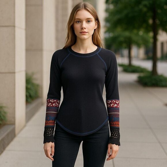 Free People In The Mix Cuff Thermal Long Sleeve Top Navy Blue Multi Crew Neck XS - Picture 1 of 7